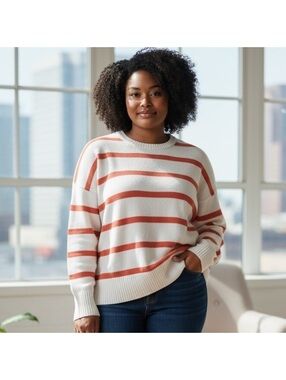 Magaschoni Cream and Orange Striped Sweater - Casual - Size XL